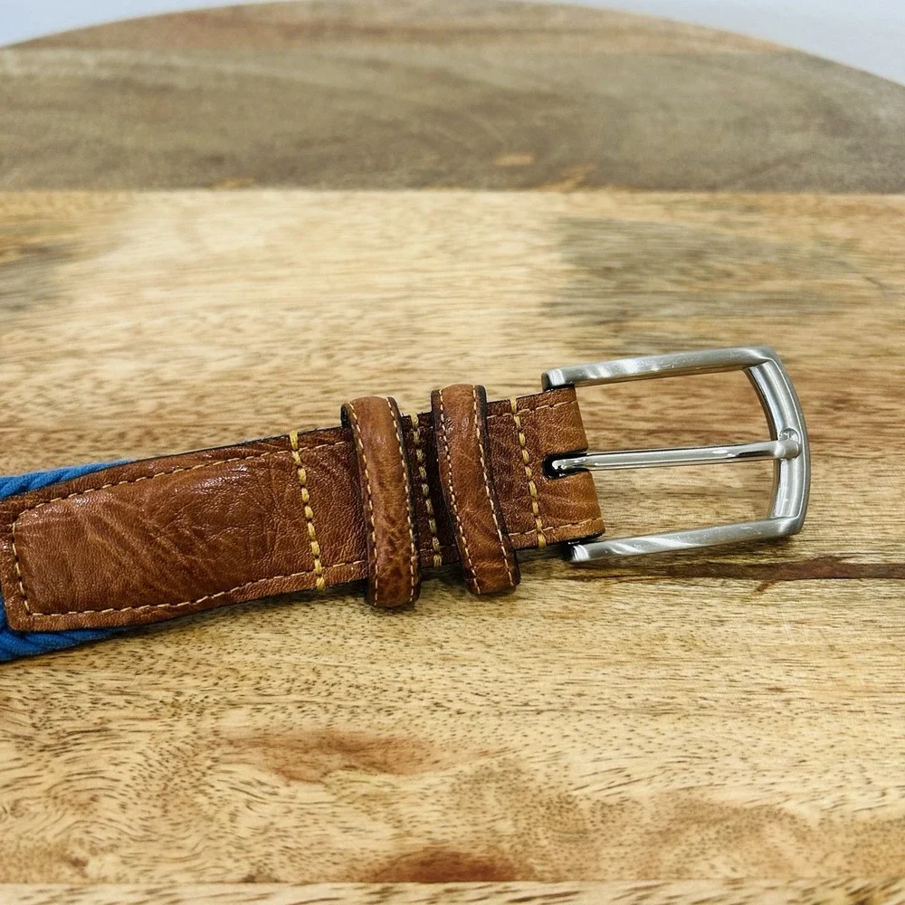 TORINO Italian Woven Elastic Belt Leather Tabs Blue Sz 40 MSRP$80 Made In USA